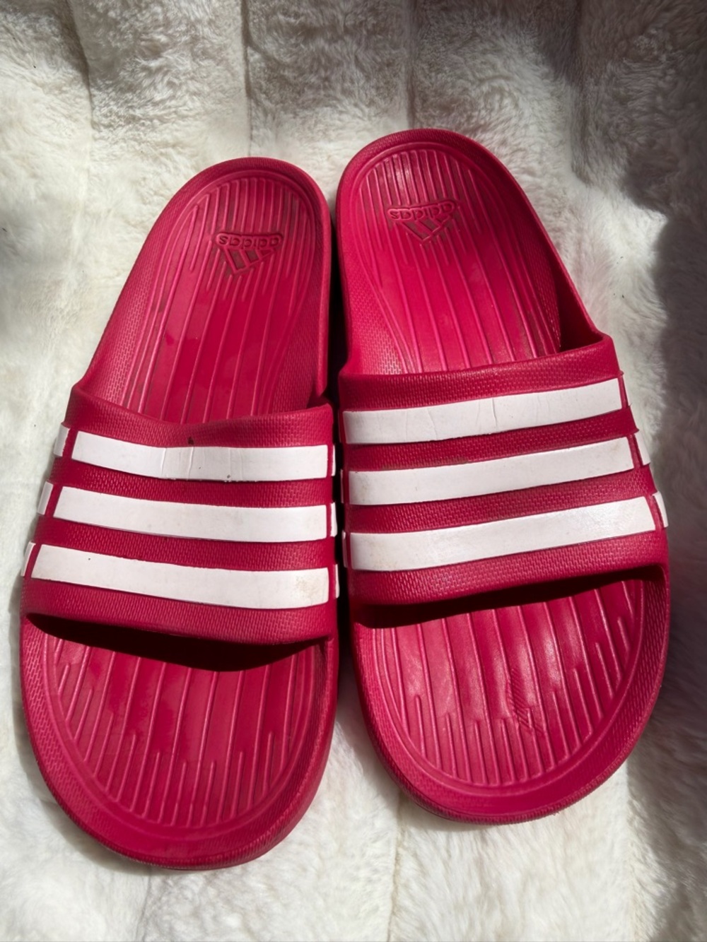 Size K6 adidas Hot Pink Slides with White Stripes